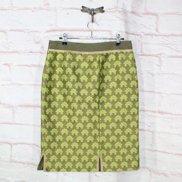 Alberta Ferretti Green Cotton Blend Lotus Flowers Tapestry Pencil Skirt Size 8 - Picture 4 of 10